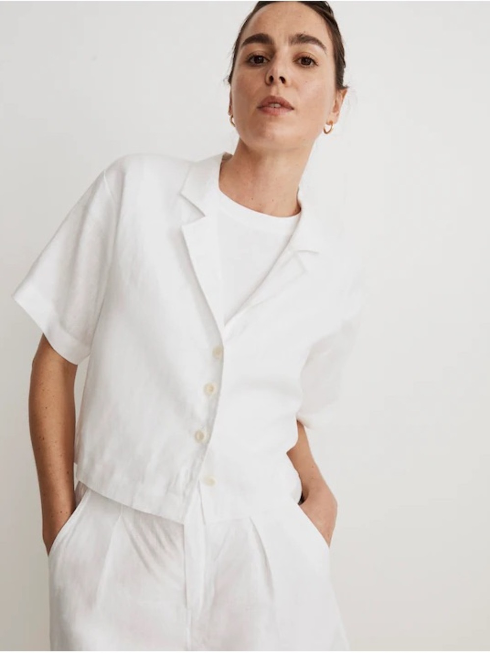 Madewell White‎ Linen-Blend Ruffle Collar Button Shirt